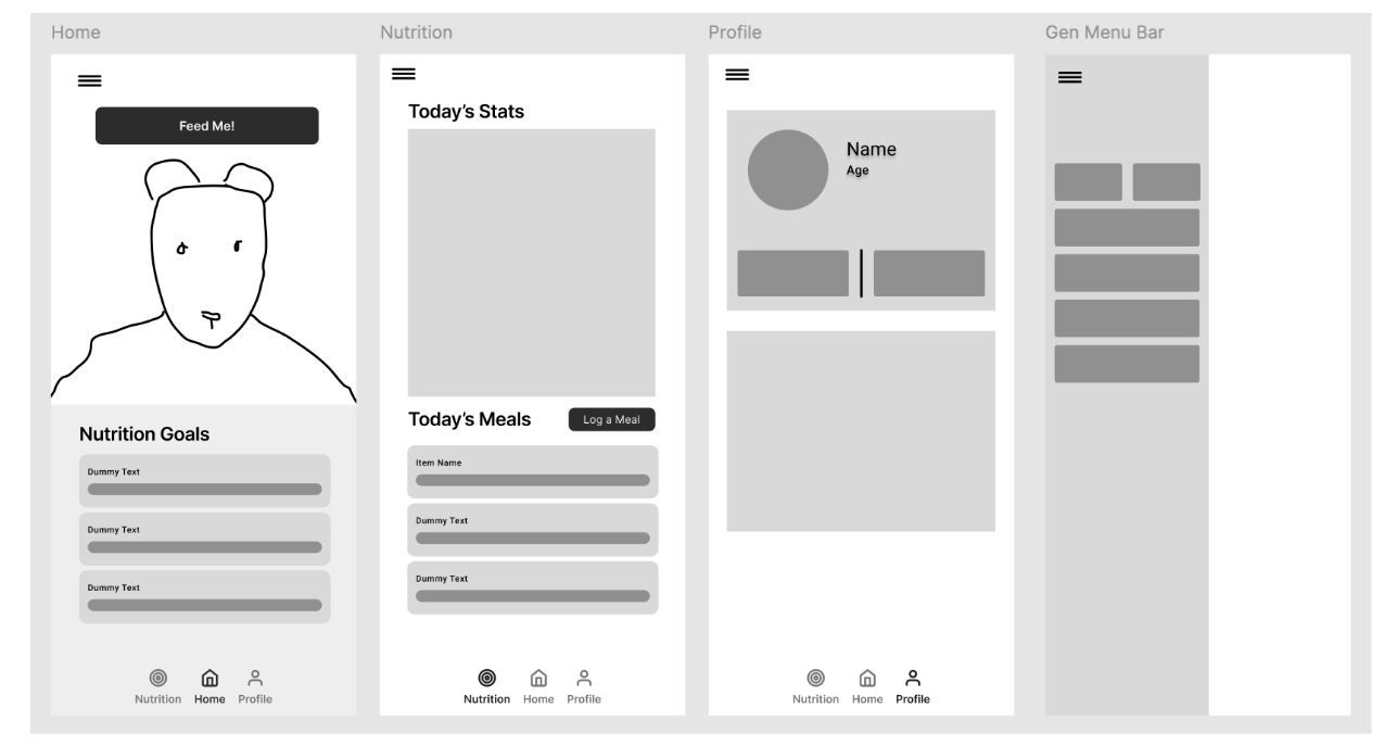 Four minimal app screen layouts: home, nutrition, profile, and menu.